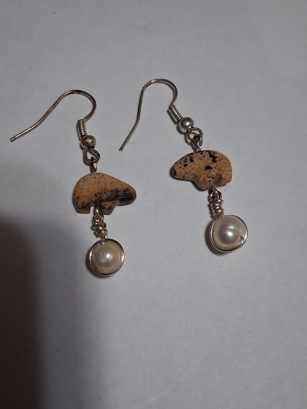 Beige Jasper and Pearl Drop Earrings - Women Jewelry